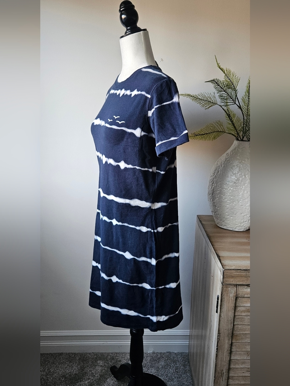 Navy and White Tie-Dye Short Sleeve Mini Dress